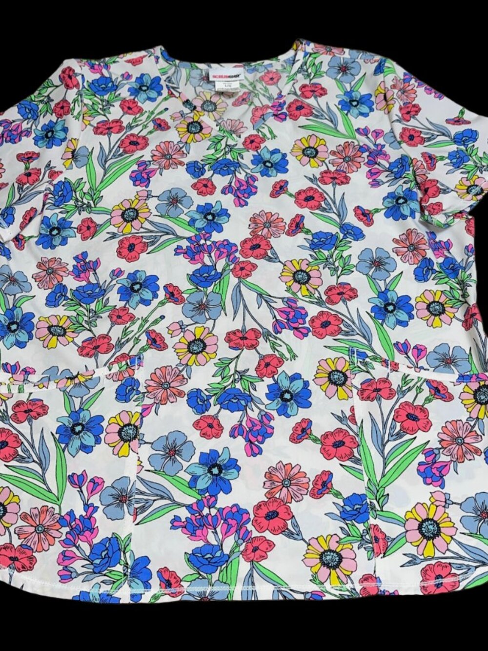 Scrubstar Sz XL Extra Large White Blue Purple Pink Flower Floral Scrub Shirt Top